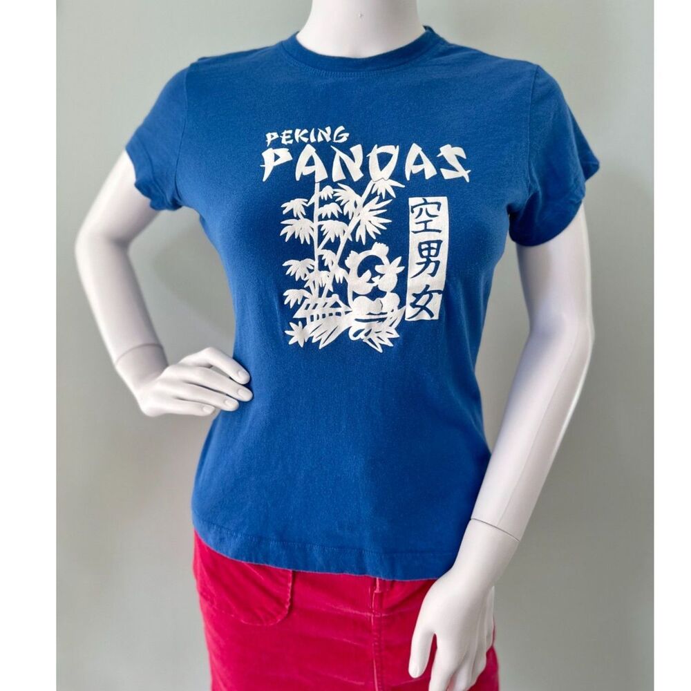 Vintage Y2k Peking Pandas Graphic Baby Tee Blue Shirt Summer Top Size Small